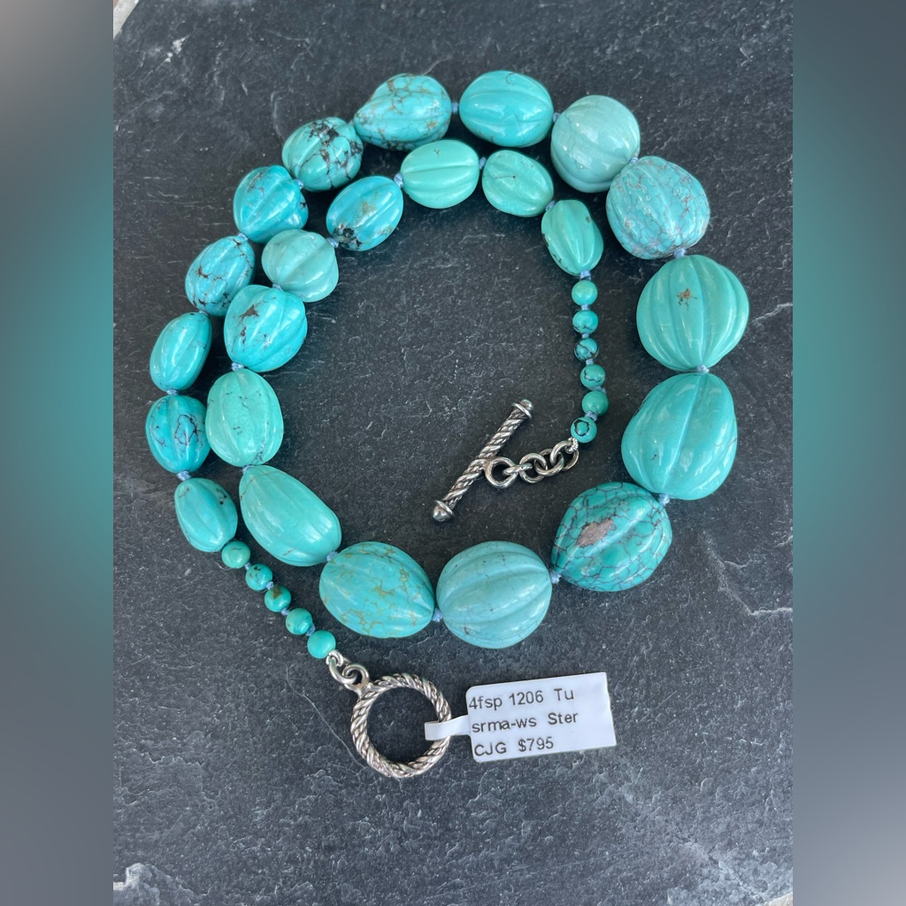 Natural Turquoise Beaded Necklace With Sterling Silver 925 Clasp 19” Long